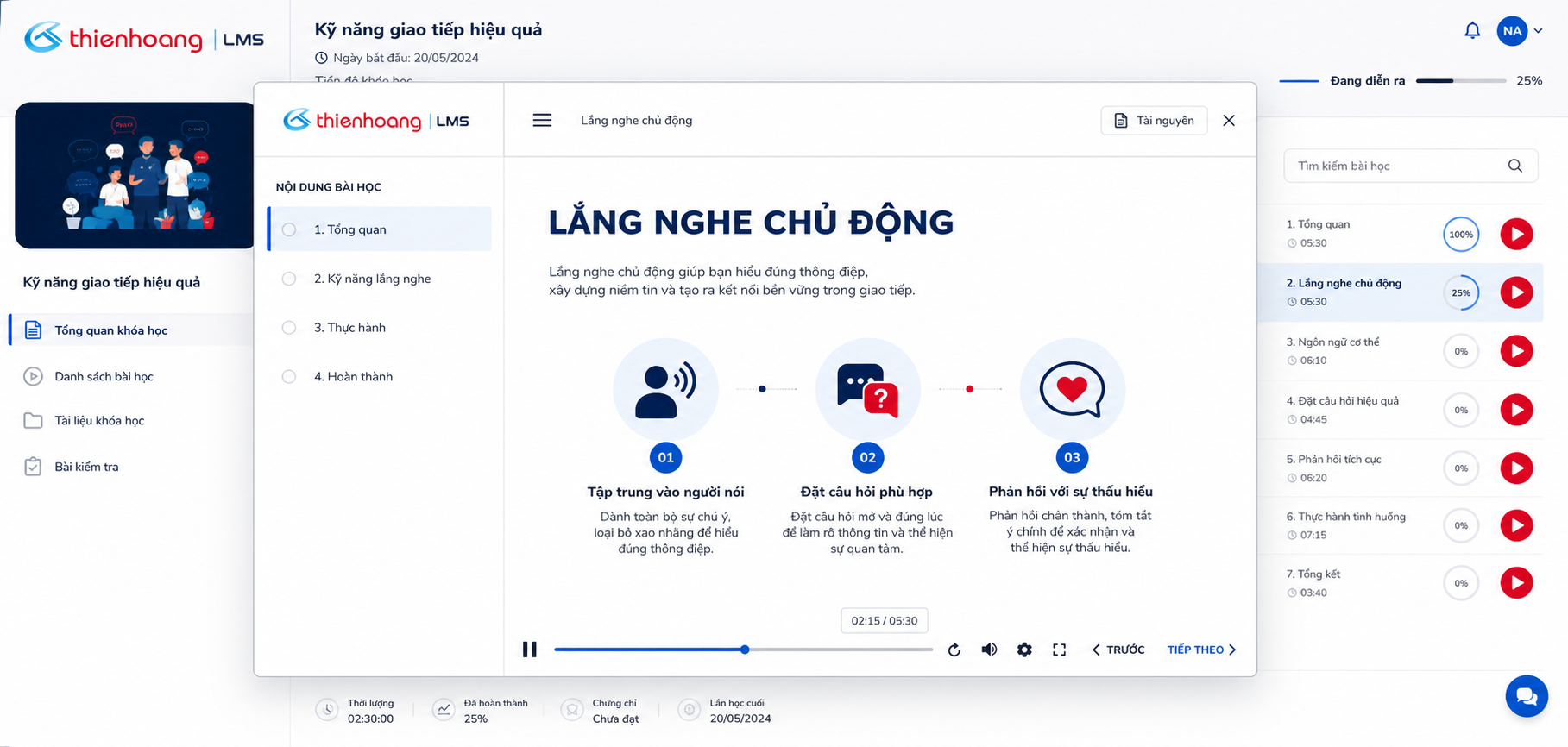 Màn hình học bài Lắng nghe chủ động trên thienhoang LMS